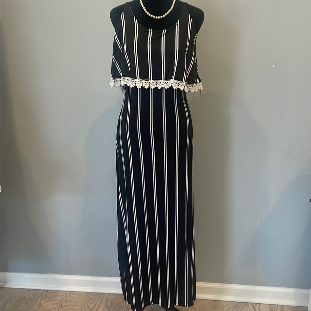 Sleeveless Black Maxi Dress with White Stripes and Lace Trim